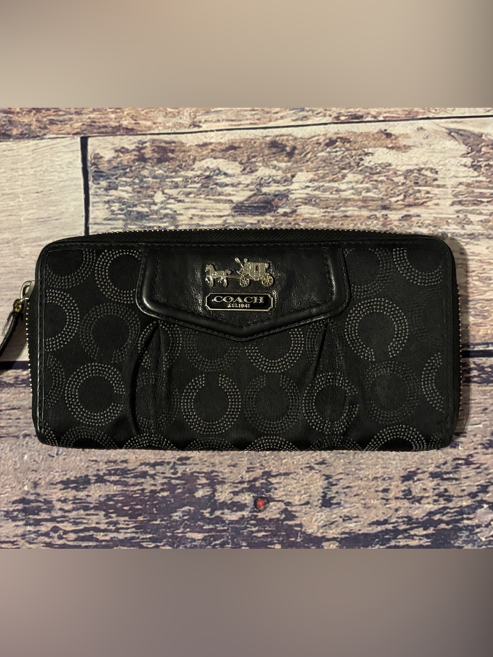 Coach Black Signature 'C' Zip Wallet with Metal Logo